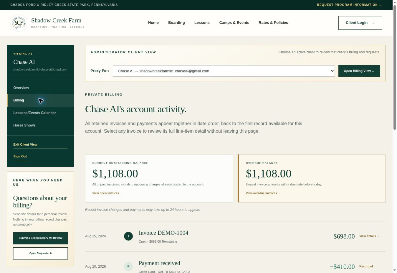Demonstration billing dashboard with balances and account activity