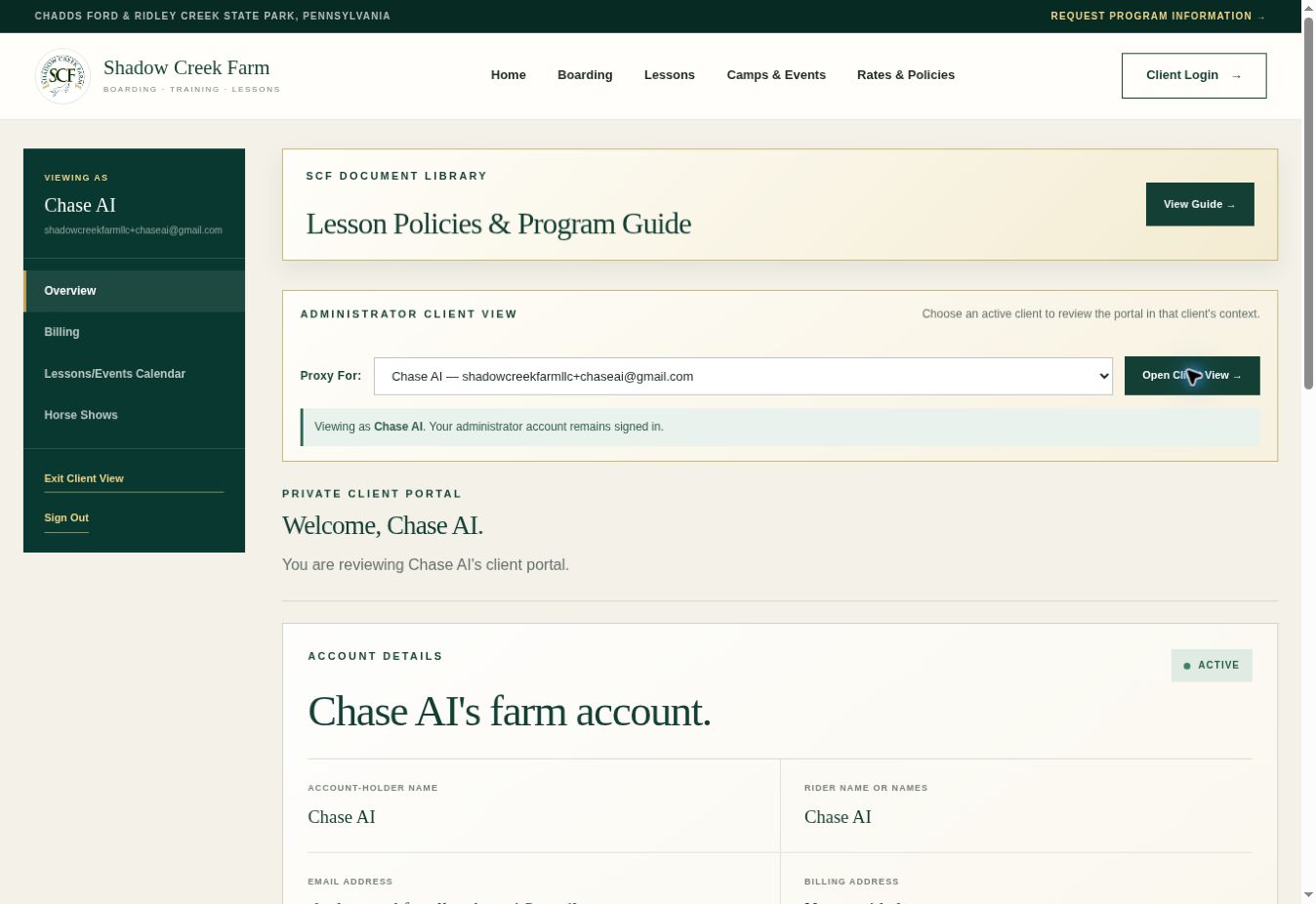 Demonstration client portal overview showing Chase AI as the selected account